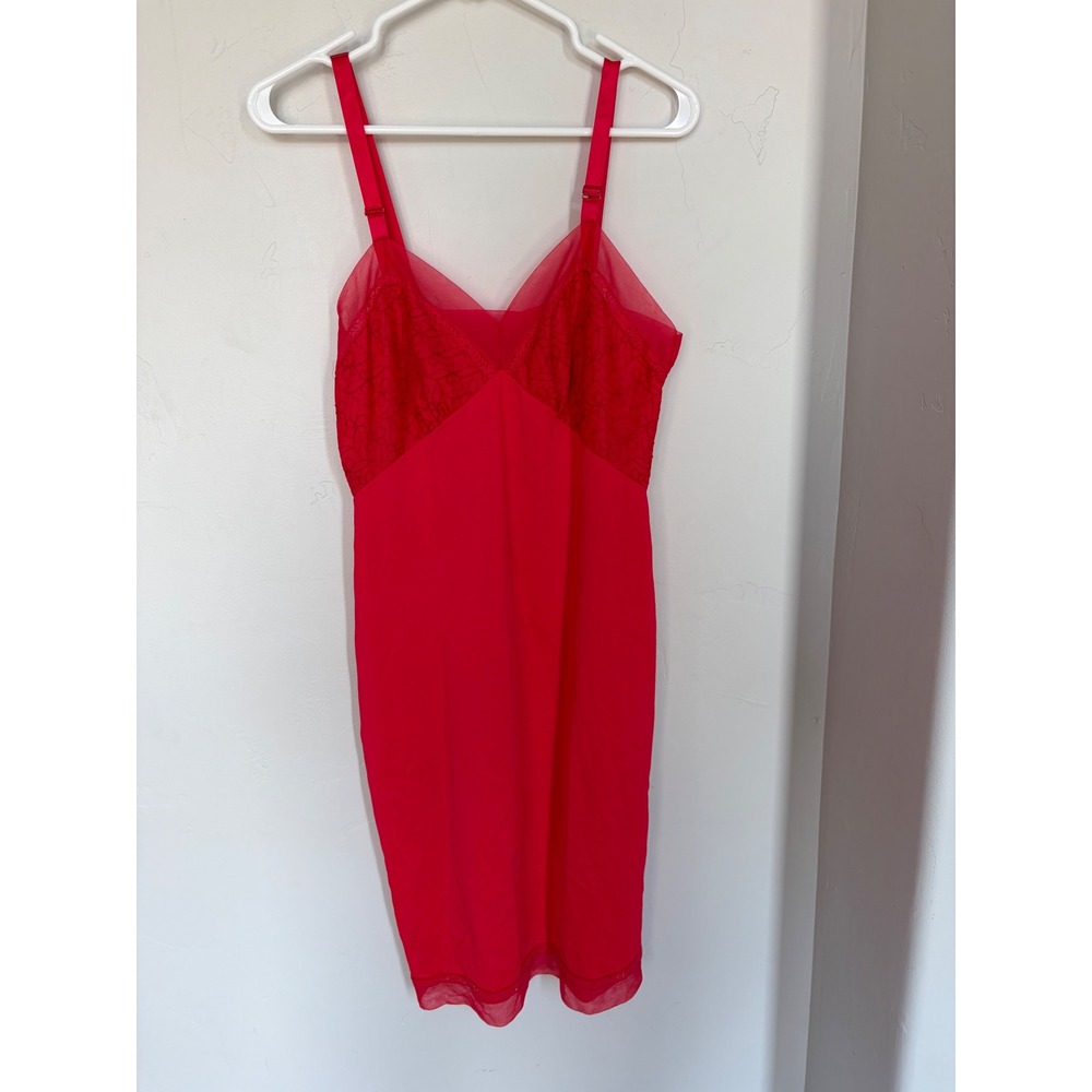 Vintage Rogers Red Nylon Tricot Full Slip Dress Lace Trim Mesh Hem Size 36